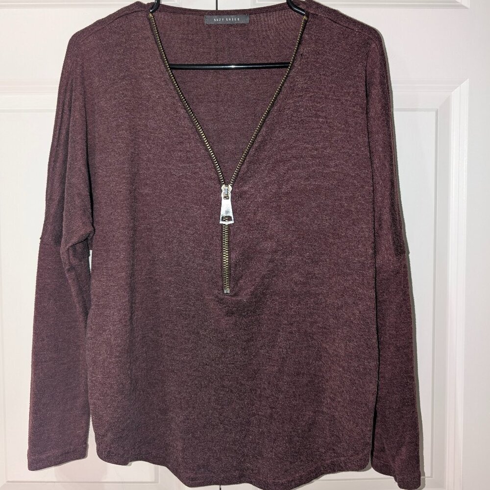 Suzy Shier Burgundy Knit Sweater Zipper V-Neck Size Large